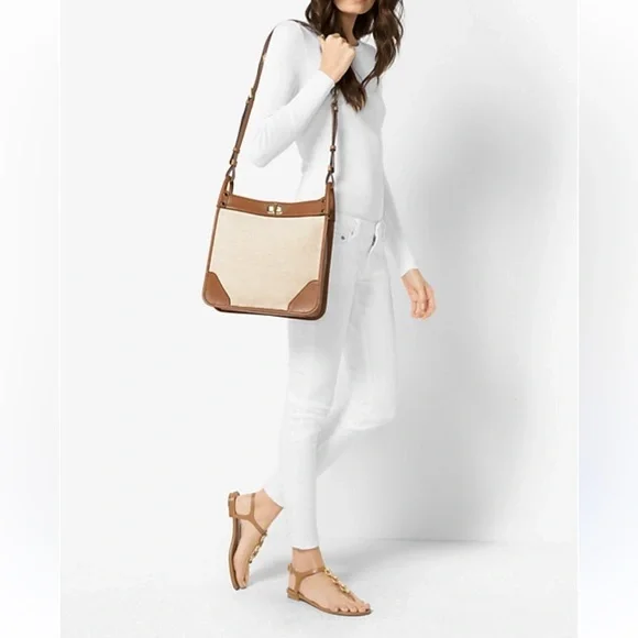 Michael Kors Sullivan Large Leather and Linen Messenger Bag travel office career - Picture 1 of 12